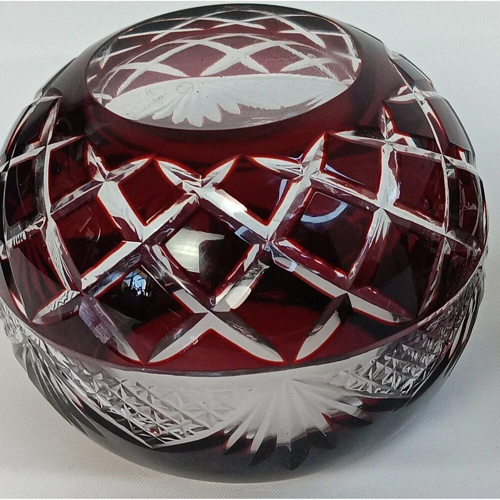 Crystal Ruby Red Cut To Clear Vase Bowl Candle Holder Cut Glass Bohemian READ